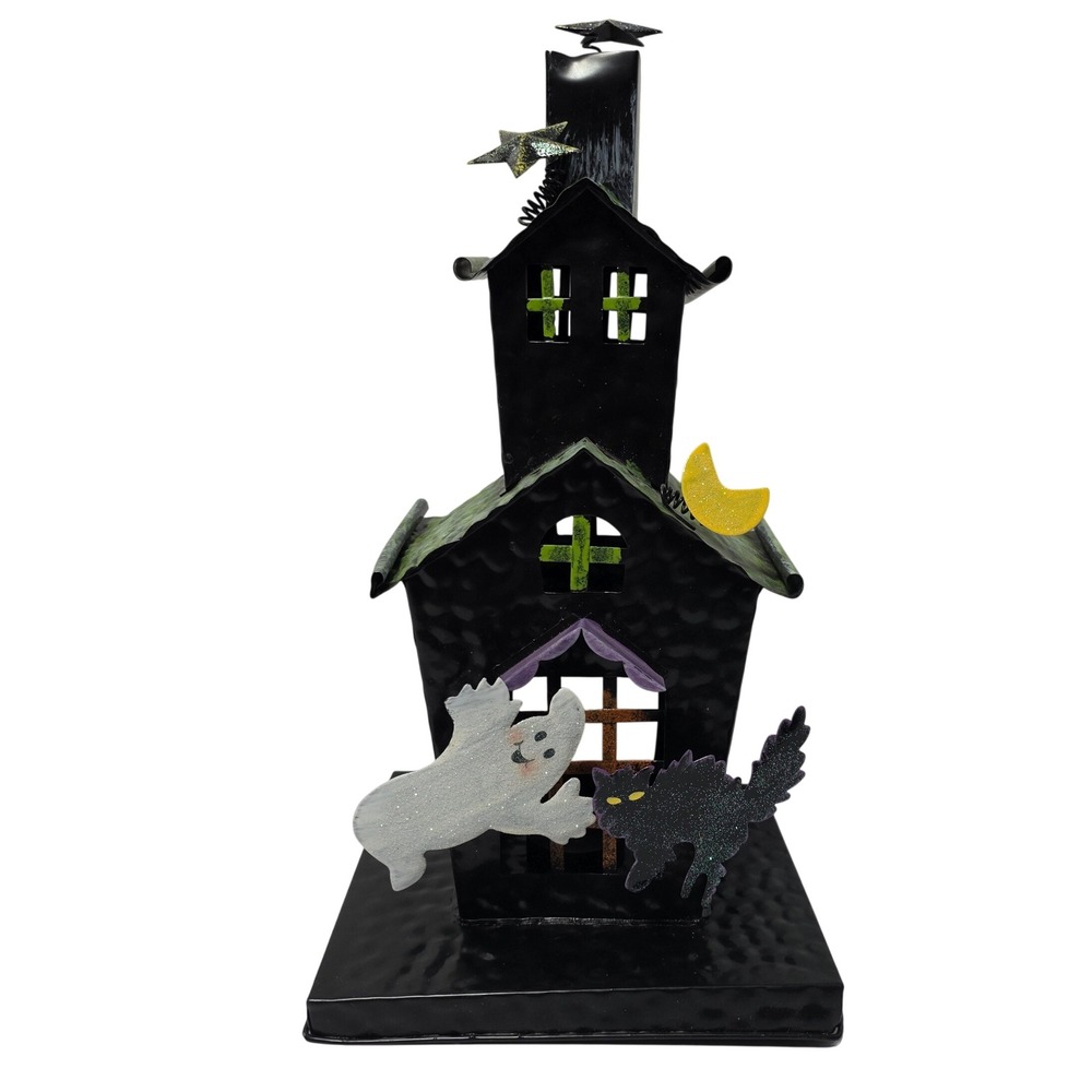 Halloween Haunted House Metal Tea Light Candle Holder Ghost Black Cat 12"